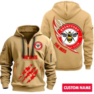 Brentford EPL Hoodie Half Zipper SPO0120004, Gift For Fan Brentford - Khaki