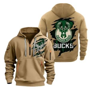 Milwaukee Bucks Hoodie Half  Zipper NBA56180125018 - Gift For Fan Milwaukee Bucks - Khaki