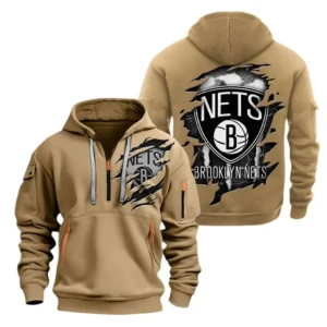 Brooklyn Nets Hoodie Half  Zipper NBA56180125022 - Gift For Fan Brooklyn Nets - Khaki