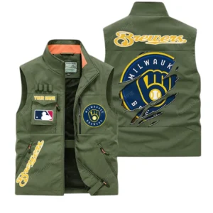 Milwaukee Brewers MLB Outdoor Sleeveless Vest MLB2302052041, Gift For Fan Milwaukee Brewers - Army Green