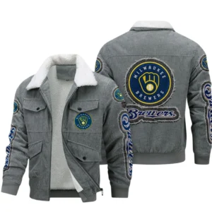 Milwaukee Brewers MLB Thickened Corduroy Jacket MLB2602052041, Gift For Fan Milwaukee Brewers - Grey