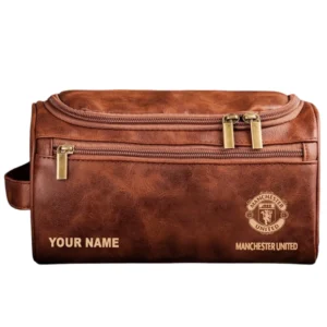Manchester Utd Leather Toiletry Bag, All Over Print Leather Toiletry Bag Manchester Utd - Red Brown DEPL5405092028