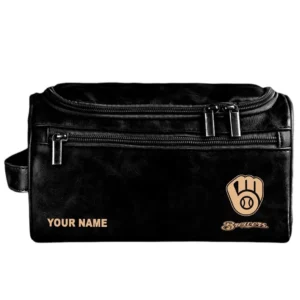 Milwaukee Brewers Leather Toiletry Bag, All Over Print Zipper Leather Toiletry Bag Milwaukee Brewers - Black DMLB1161162028