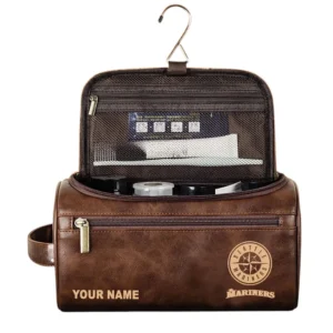 Seattle Mariners Leather Toiletry Bag, All Over Print Zipper Leather Toiletry Bag Seattle Mariners - Dark Brown DMLB1161162030