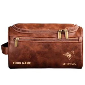 Toronto Blue Jays Leather Toiletry Bag, All Over Print Zipper Leather Toiletry Bag Toronto Blue Jays - Red Brown DMLB1161162034