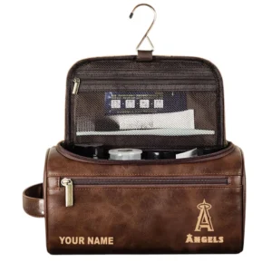 Los Angeles Angels Leather Toiletry Bag, All Over Print Zipper Leather Toiletry Bag Los Angeles Angels - Dark Brown DMLB1161162036