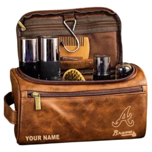 Atlanta Braves Leather Toiletry Bag, All Over Print Zipper Leather Toiletry Bag Atlanta Braves - Yellow Brown DMLB1161162039