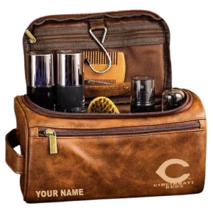 Cincinnati Reds Leather Toiletry Bag, All Over Print Zipper Leather Toiletry Bag Cincinnati Reds - Yellow Brown DMLB1161162054