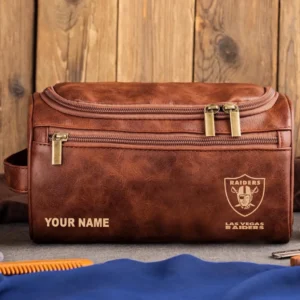Las Vegas Raiders Leather Toiletry Bag, Gift For Las Vegas Raiders Fan NFL102060625570 - Red Brown