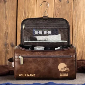 Cleveland Browns Leather Toiletry Bag, Gift For Cleveland Browns Fan NFL102060625585 - Dark Brown