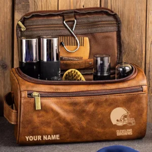 Cleveland Browns Leather Toiletry Bag, Gift For Cleveland Browns Fan NFL102060625585 - Yellow Brown