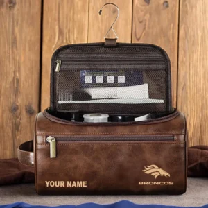 Denver Broncos Leather Toiletry Bag, Gift For Denver Broncos Fan NFL102060625586 - Dark Brown
