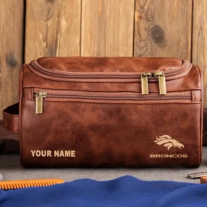 Denver Broncos Leather Toiletry Bag, Gift For Denver Broncos Fan NFL102060625586 - Red Brown