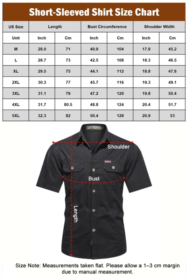 Short Sleeved shirt size chart new