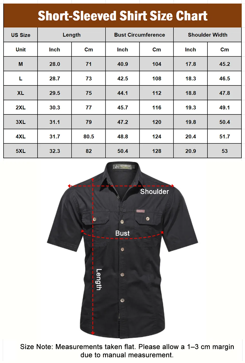 Short Sleeved shirt size chart new