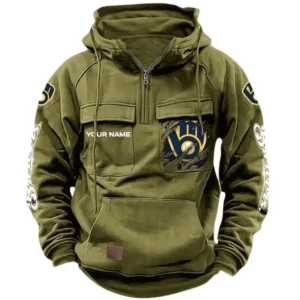 Milwaukee Brewers Tactical Quarter Zip Hoodie, All Over Print Tactical Quarter Zip Hoodie Milwaukee Brewers DMLB130722044 - Army Green