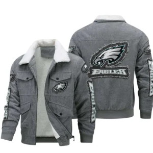 Philadelphia Eagles Thickened Corduroy Jacket, All Over Print Thickened Corduroy Jacket Philadelphia Eagles DNFL121772054 - Gray