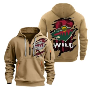 Minnesota Wild Hoodie Half Zipper, All Over Print Hoodie Half Zipper Minnesota Wild DNHL108972089 - Khaki