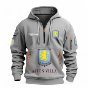 Aston Villa Fans Gift Hoodie Half Zipper, All Over Print Hoodie Half Zipper For Sport Fan, Custom Name EPL116073125005-Grey