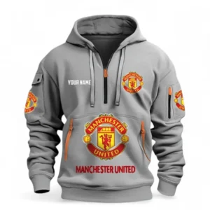 Manchester Utd Fans Gift Hoodie Half Zipper, All Over Print Hoodie Half Zipper For Sport Fan, Custom Name EPL116073125006-Grey