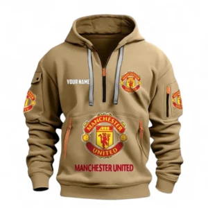 Manchester Utd Fans Gift Hoodie Half Zipper, All Over Print Hoodie Half Zipper For Sport Fan, Custom Name EPL116073125006-Khaki