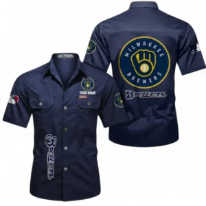 Milwaukee Brewers Fans Gift Short Sleeved Shirt, All Over Print Short Sleeved Shirt For Sport Fan, Custom Name MLB140072325447-Dark Blue