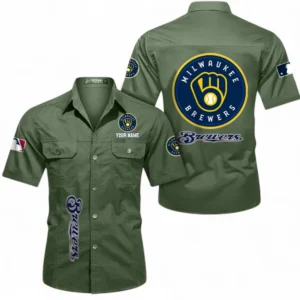 Milwaukee Brewers Fans Gift Short Sleeved Shirt, All Over Print Short Sleeved Shirt For Sport Fan, Custom Name MLB140072325447-Army Green
