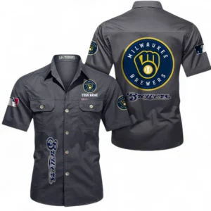 Milwaukee Brewers Fans Gift Short Sleeved Shirt, All Over Print Short Sleeved Shirt For Sport Fan, Custom Name MLB140072325447-Dark Gray