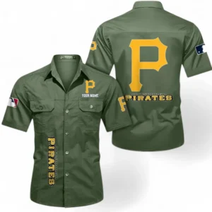 Pittsburgh Pirates Fans Gift Short Sleeved Shirt, All Over Print Short Sleeved Shirt For Sport Fan, Custom Name MLB140072325450-Army Green