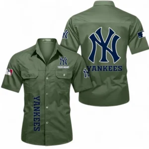 New York Yankees Fans Gift Short Sleeved Shirt, All Over Print Short Sleeved Shirt For Sport Fan, Custom Name MLB140072325452-Army Green