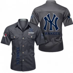 New York Yankees Fans Gift Short Sleeved Shirt, All Over Print Short Sleeved Shirt For Sport Fan, Custom Name MLB140072325452-Dark Gray