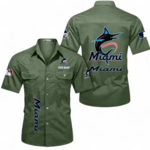 Miami Marlins Fans Gift Short Sleeved Shirt, All Over Print Short Sleeved Shirt For Sport Fan, Custom Name MLB140072325456-Army Green