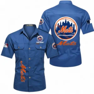 New York Mets Fans Gift Short Sleeved Shirt, All Over Print Short Sleeved Shirt For Sport Fan, Custom Name MLB140072325463-Cowboy Blue