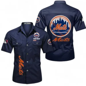 New York Mets Fans Gift Short Sleeved Shirt, All Over Print Short Sleeved Shirt For Sport Fan, Custom Name MLB140072325463-Dark Blue