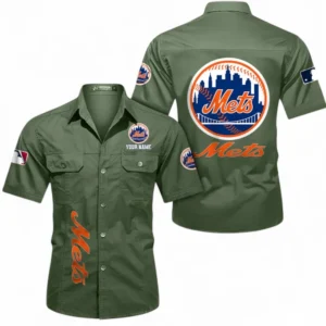 New York Mets Fans Gift Short Sleeved Shirt, All Over Print Short Sleeved Shirt For Sport Fan, Custom Name MLB140072325463-Army Green