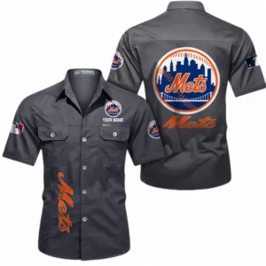 New York Mets Fans Gift Short Sleeved Shirt, All Over Print Short Sleeved Shirt For Sport Fan, Custom Name MLB140072325463-Dark Gray