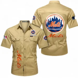 New York Mets Fans Gift Short Sleeved Shirt, All Over Print Short Sleeved Shirt For Sport Fan, Custom Name MLB140072325463-Khaki