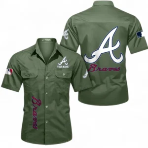 Atlanta Braves Fans Gift Short Sleeved Shirt, All Over Print Short Sleeved Shirt For Sport Fan, Custom Name MLB140072325466-Army Green