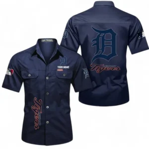 Detroit Tigers Fans Gift Short Sleeved Shirt, All Over Print Short Sleeved Shirt For Sport Fan, Custom Name MLB140072325467-Dark Blue