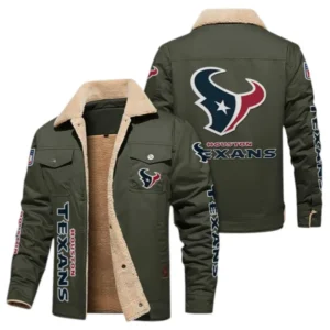 Houston Texans Fans Gift Jacket Fur Collar Fleece, All Over Print Collar Fleece For Sport Fan NFL1380723147 - Military green