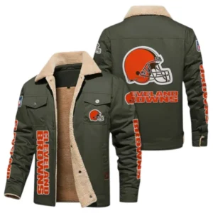 Cleveland Browns Fans Gift Jacket Fur Collar Fleece, All Over Print Collar Fleece For Sport Fan NFL1380723153 - Military green