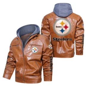 Pittsburgh Steelers Fans Gift Hooded Leather Jacket, All Over Print Leather Jacket For Sport Fan NFL139072325125 - Dark Brown