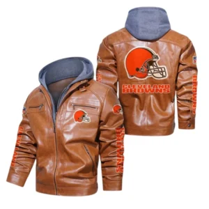 Cleveland Browns Fans Gift Hooded Leather Jacket, All Over Print Leather Jacket For Sport Fan NFL139072325137 - Dark Brown