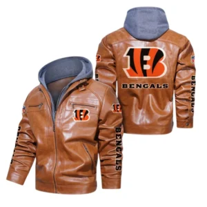 Cincinnati Bengals Fans Gift Hooded Leather Jacket, All Over Print Leather Jacket For Sport Fan NFL139072325151 - Dark Brown