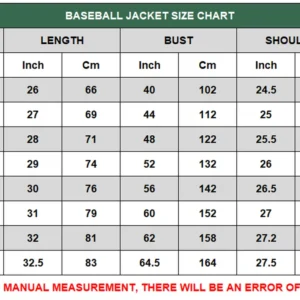 baseball jacket size chart