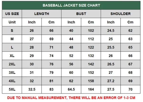 baseball jacket size chart