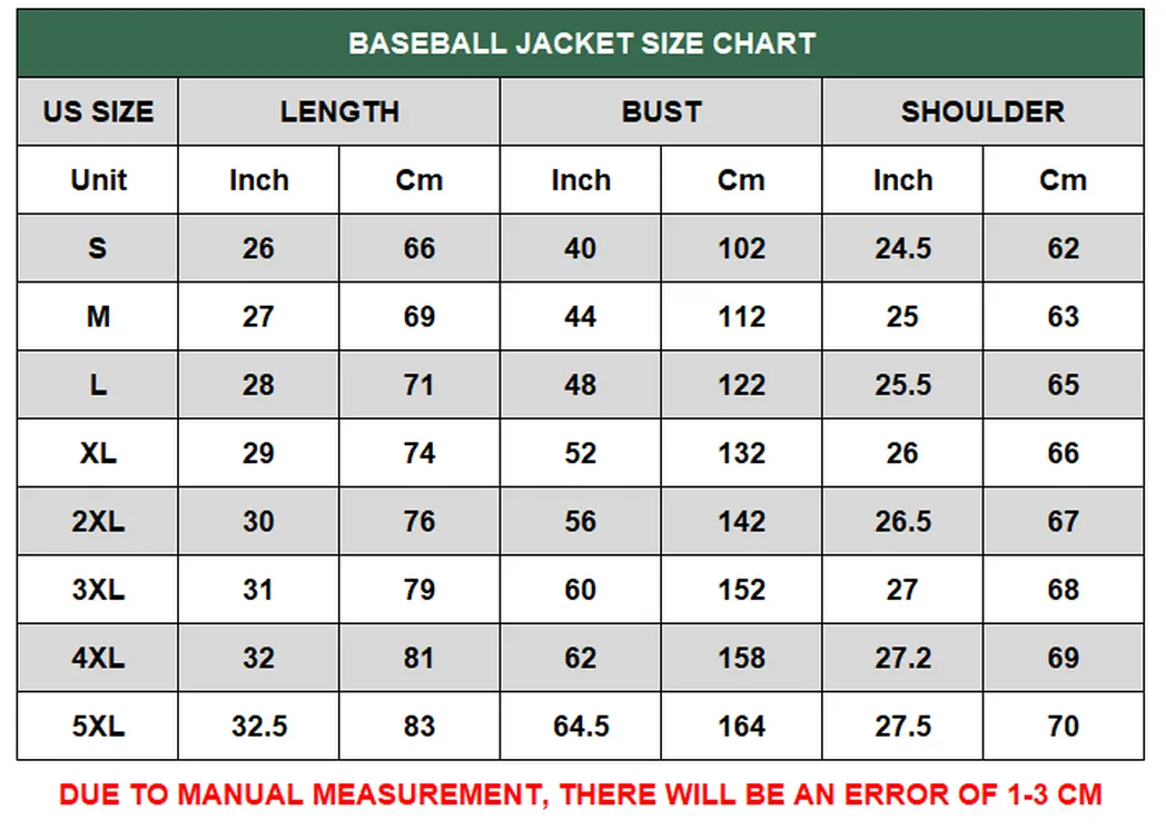 baseball jacket size chart