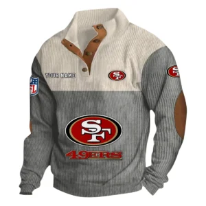 San Francisco 49ers Fans Gift Men's Stand Up Collar Base Shirt, All Over Print Base Shirt For Sport Fan, Custom Name NFL141090525102 - Gray