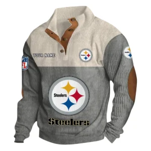 Pittsburgh Steelers Fans Gift Men's Stand Up Collar Base Shirt, All Over Print Base Shirt For Sport Fan, Custom Name NFL141090525103 - Gray