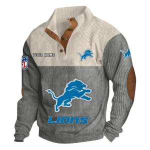 Detroit Lions Fans Gift Men's Stand Up Collar Base Shirt, All Over Print Base Shirt For Sport Fan, Custom Name NFL141090525132 - Gray